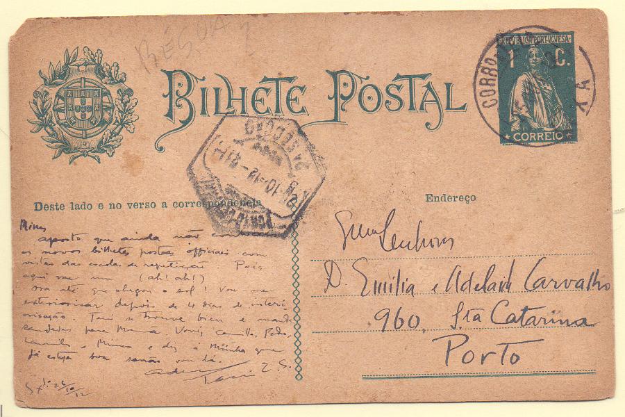 0208 f.jpg -     Lote:    208 (frente)            Portugal       Descrição:         1912 &mdash; Ceres. OM59, 1c. Circulado da Lixa (25.10.12) para o Porto. Inteiro com postal colado no verso com imagem da Feira da Régua. Deveria ter sido porteado. Interessante.        IC       Valor Base:     &euro; 20,00     Valor Venda:     &euro; 24,00     